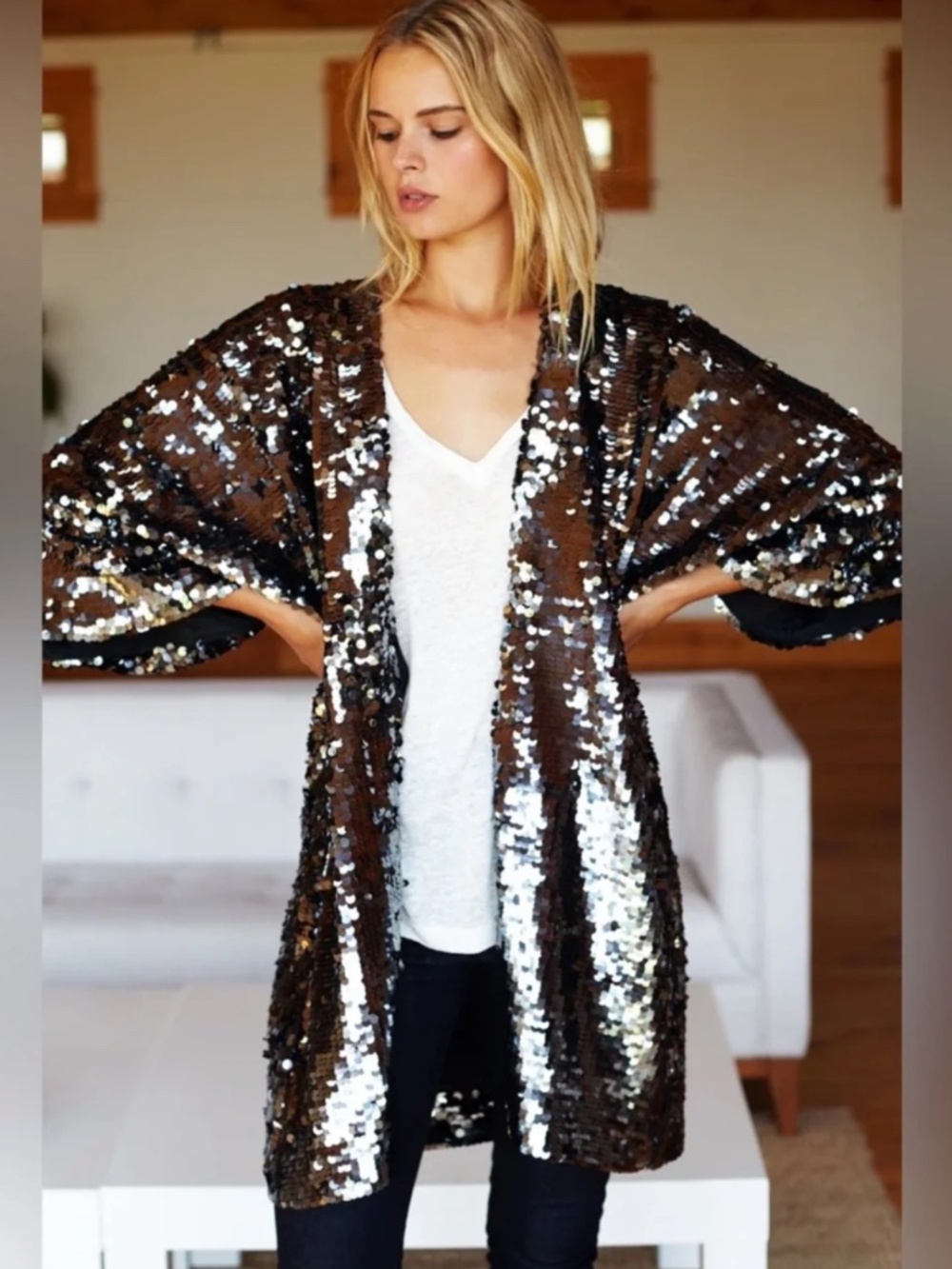 Emerson Fry Sequin Kimono Jacket Black & Gold Size M/L